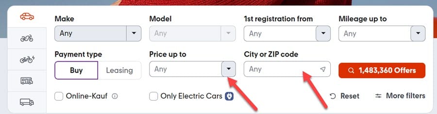 كيفية شراء وبيع سيارة عبر موقع Mobile.de في ألمانيا 5 ضع الحد الأقصى للسعر وموقع السيارة