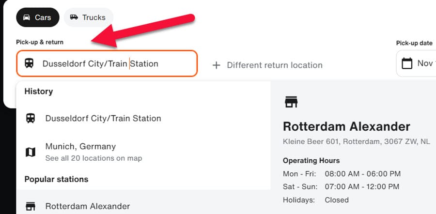 طريقه استئجار سيارة من شركه Sixt 3 اختيار موقع استلام السيارة
