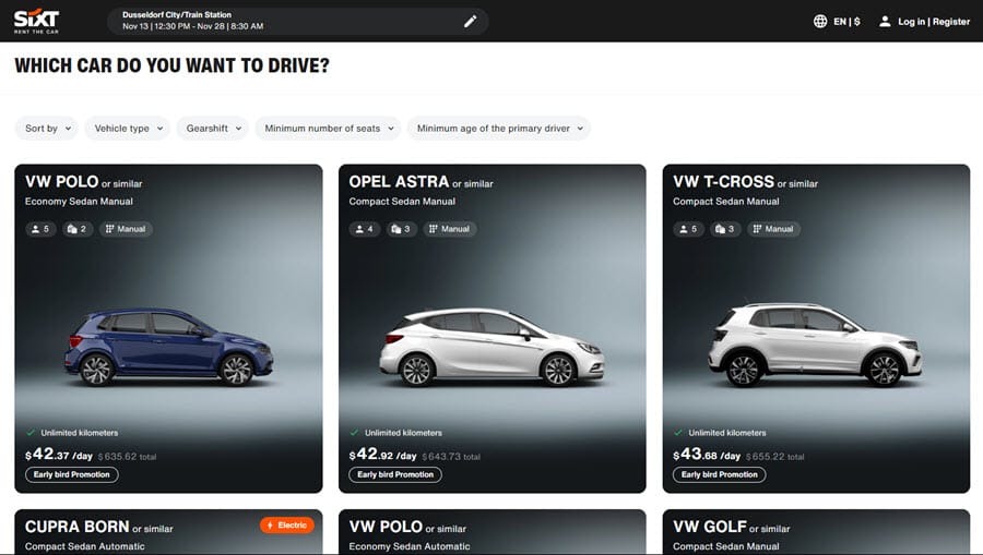 طريقه استئجار سيارة من شركه Sixt 5 اختيار نوع السيارة التي تناسبك